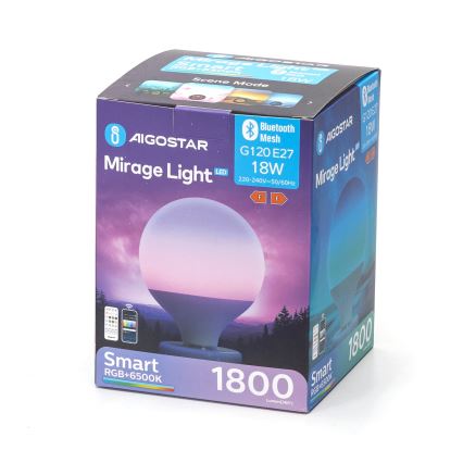 Lâmpada LED RGBW com regulação MESH G120 E27/18W/230V 6500K + comando - Aigostar