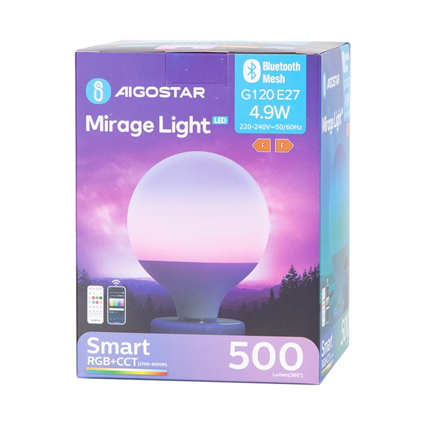 Lâmpada LED RGBW com regulação MESH G120 E27/4,9W/230V 2700-6500K + comando - Aigostar