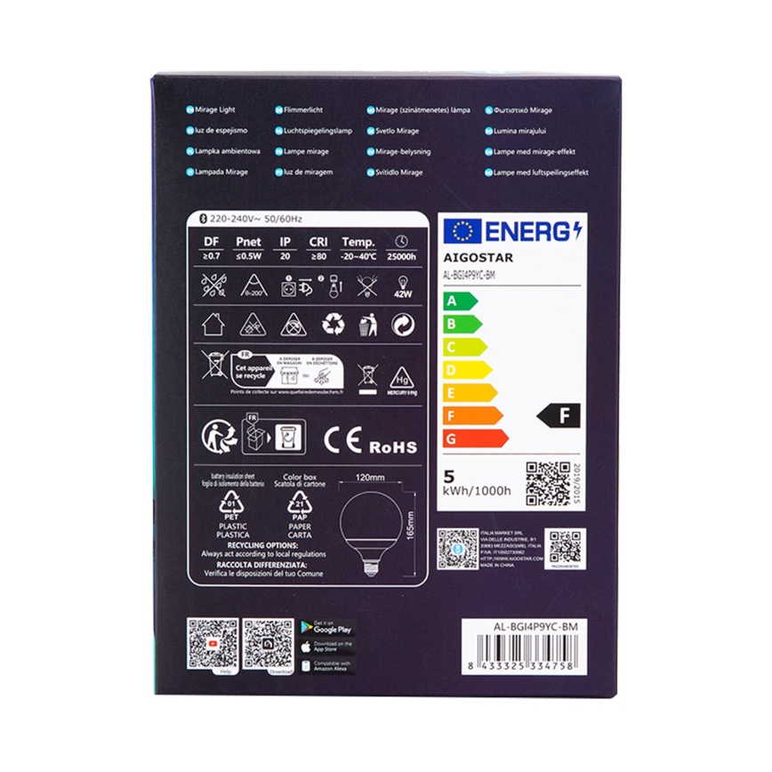 Lâmpada LED RGBW com regulação MESH G120 E27/4,9W/230V 2700-6500K + comando - Aigostar