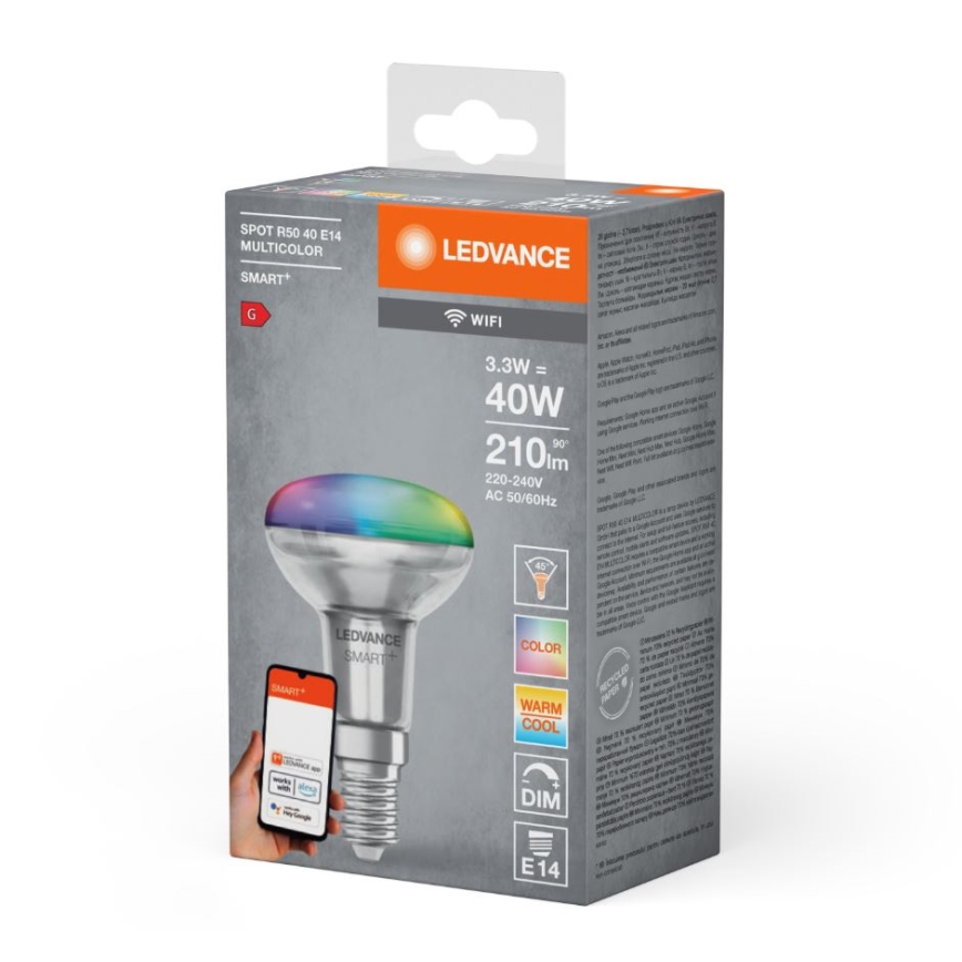 LED RGBW Regulação holofote lâmpada SMART+ R50 E14/3,3W/230V 2700-6500K Wi-Fi - Ledvance
