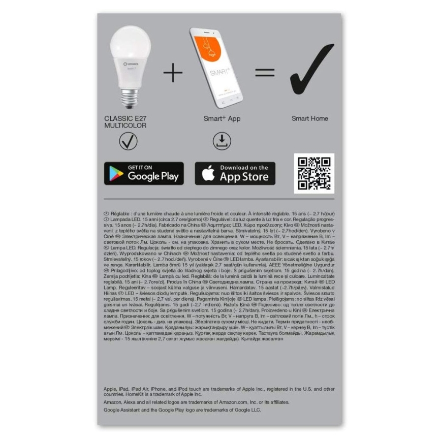 Lâmpada LED RGBW com regulação SMART + E27/9,5W/230V 2700K-6500K Wi-Fi - Ledvance