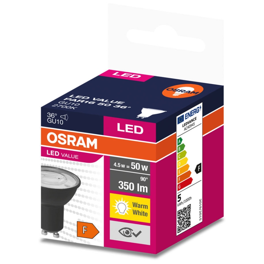 Lâmpada LED VALUE PAR16 GU10/4,5W/230V 2700K 36° preto - Ledvance