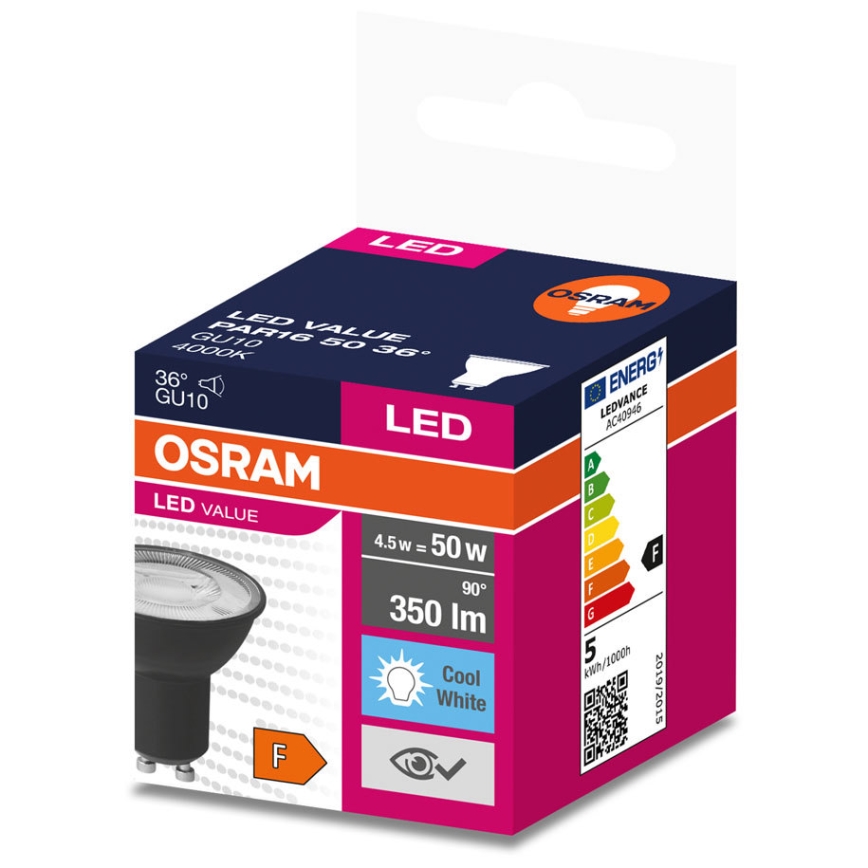 Lâmpada LED VALUE PAR16 GU10/4,5W/230V 6500K 36° preto - Ledvance