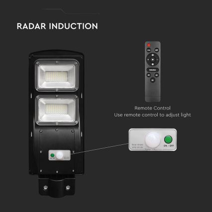 Luminária solar de rua LED regulável com sensor de movimento e crepúsculo LED/8W/3,2V 6000K IP65 9000 mAh preta + controlo remoto