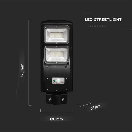 Luminária solar de rua LED regulável com sensor de movimento e crepúsculo LED/8W/3,2V 6000K IP65 9000 mAh preta + controlo remoto
