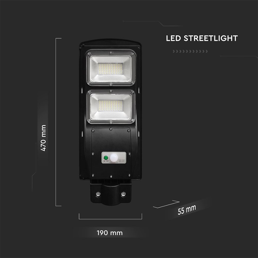 Luminária solar de rua LED regulável com sensor de movimento e crepúsculo LED/8W/3,2V 6000K IP65 9000 mAh preta + controlo remoto