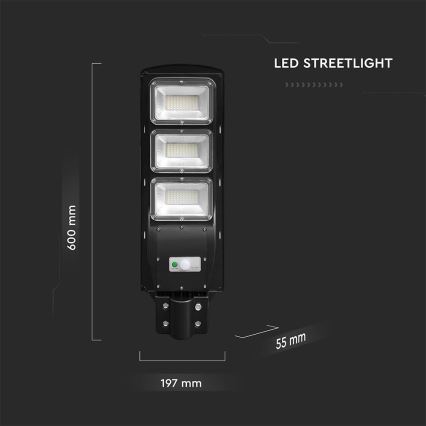 Luminária solar de LED regulável para rua com sensor de movimento e crepúsculo LED/12W/3,2V 6000K IP65 10000 mAh preta + controlo remoto
