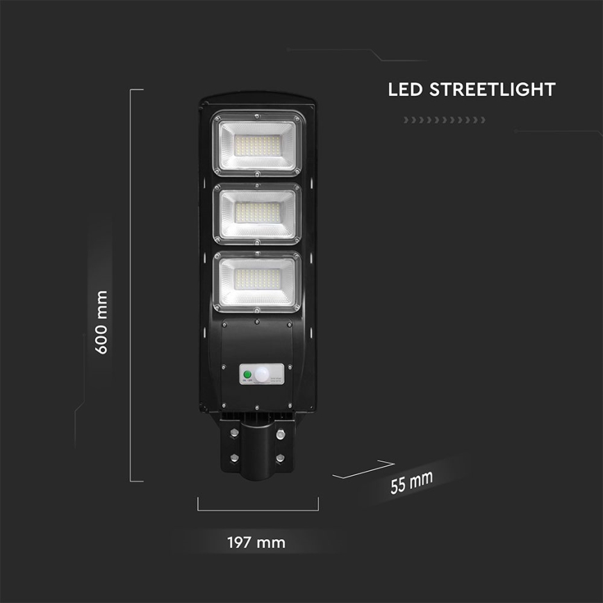 Luminária solar de LED regulável para rua com sensor de movimento e crepúsculo LED/12W/3,2V 6000K IP65 10000 mAh preta + controlo remoto