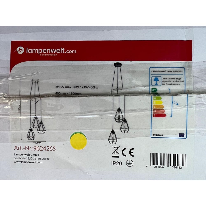 Lampenwelt - Candelabro suspenso ELDA 3xE27/60W/230V