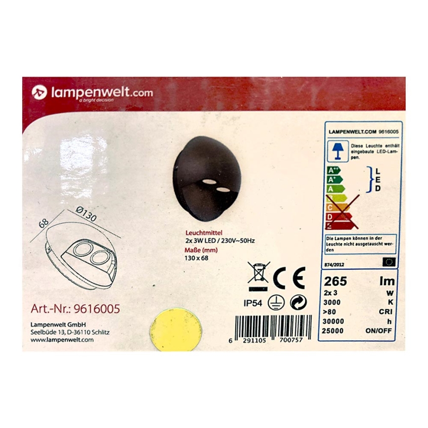 Lampenwelt - Iluminação de parede exterior LED 2xLED/3W/230V IP54