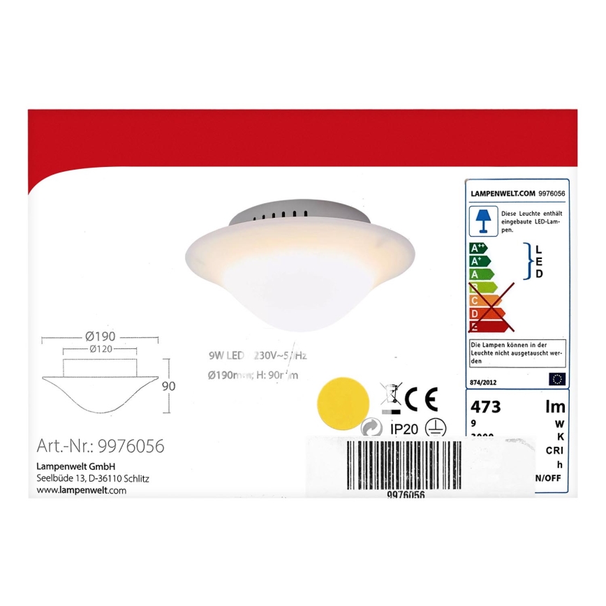 Lampenwelt - Iluminação de teto LED LED/9W/230V