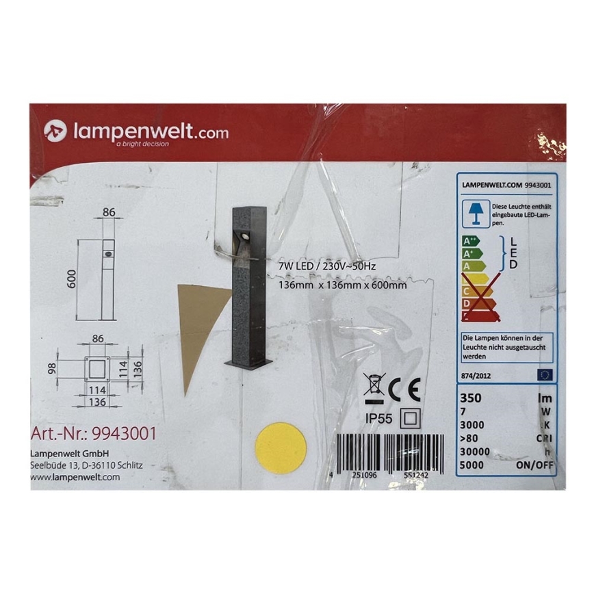 Lampenwelt - Iluminação exterior em poste LED AMELIA LED/7W/230V IP55