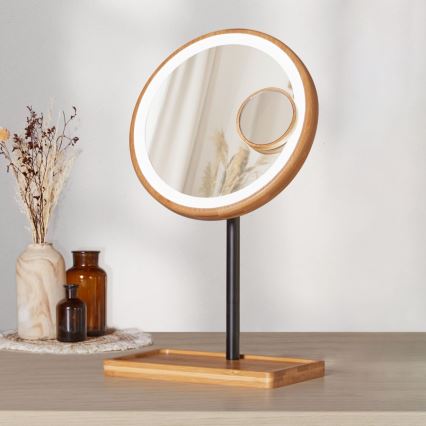 Lanaform - Espelho de maquilhagem com regulador de intensidade e iluminação LED 5V USB, em bambu
