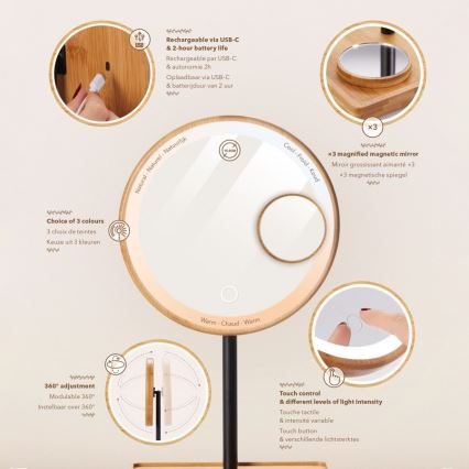 Lanaform - Espelho de maquilhagem com regulador de intensidade e iluminação LED 5V USB, em bambu