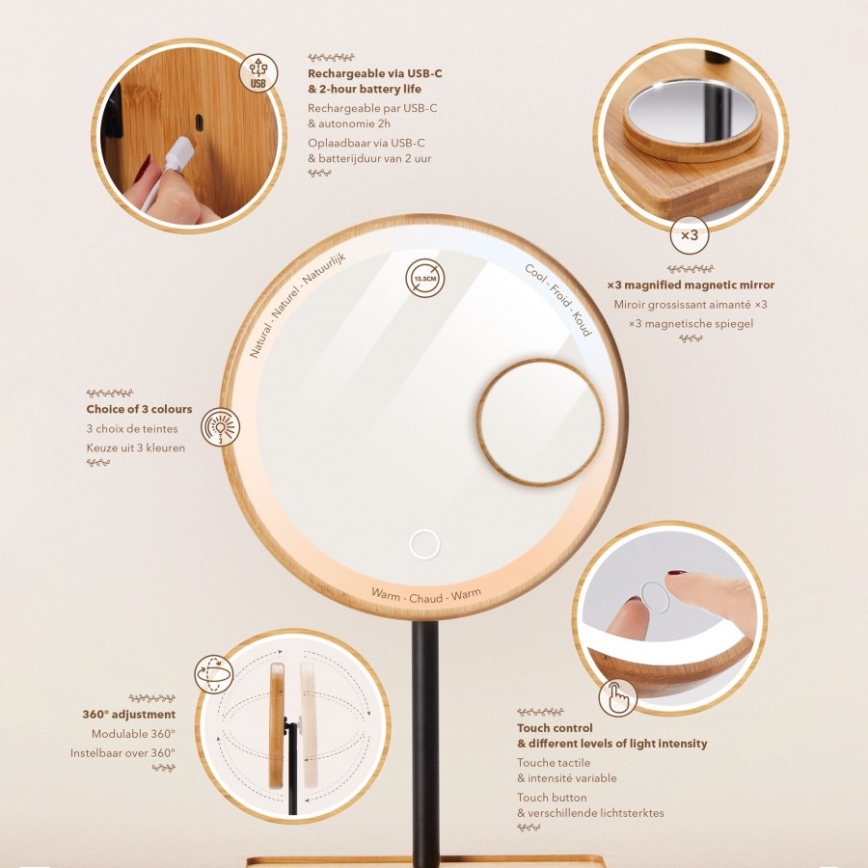 Lanaform - Espelho de maquilhagem com regulador de intensidade e iluminação LED 5V USB, em bambu