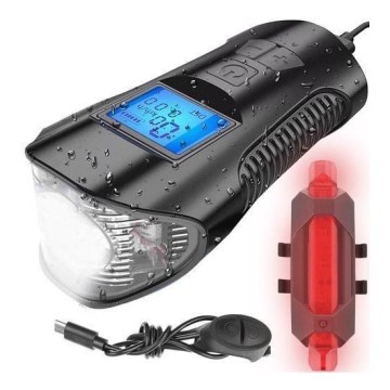 Lanterna de bicicleta LED recarregável com contador e campainha LED/1500 mAh IP65
