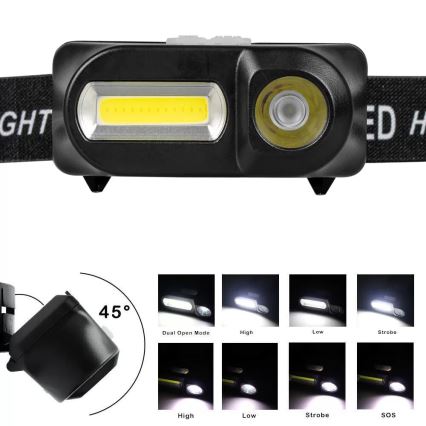 Lanterna de cabeça LED com regulação 2xLED/5V IP44 210 brilhante 2000 mAh