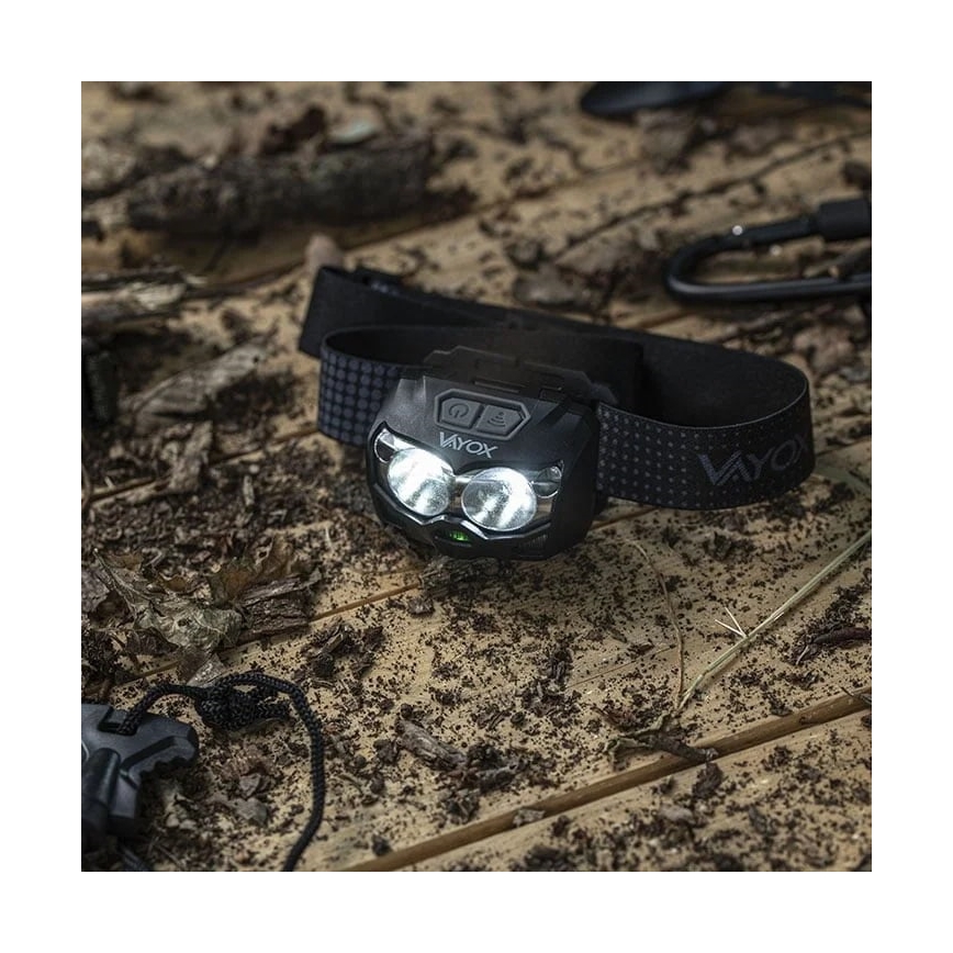 Lanterna de cabeça LED com regulação, sensor e luz vermelha  2xLED/5W/5V/3xAAA IP65 500 brilhante 1200 mAh