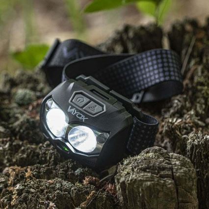Lanterna de cabeça LED com regulação, sensor e luz vermelha  2xLED/5W/5V/3xAAA IP65 500 brilhante 1200 mAh