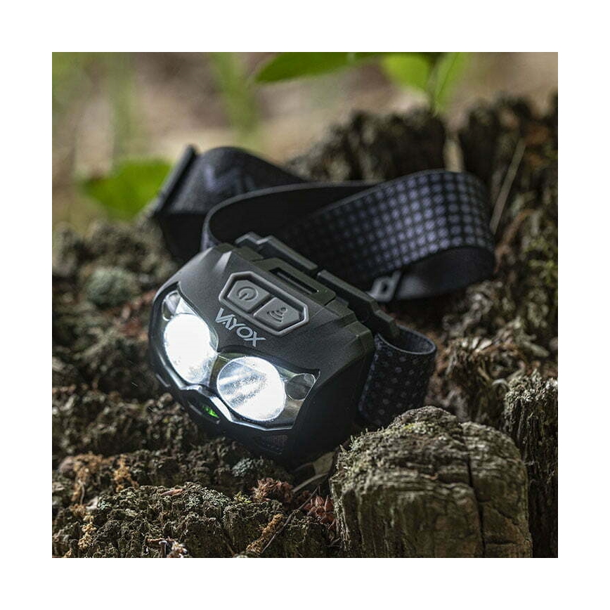 Lanterna de cabeça LED com regulação, sensor e luz vermelha  2xLED/5W/5V/3xAAA IP65 500 brilhante 1200 mAh