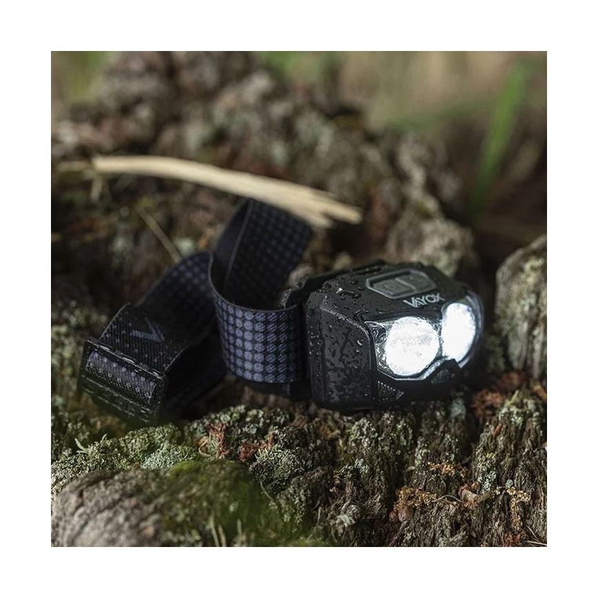 Lanterna de cabeça LED com regulação, sensor e luz vermelha  2xLED/5W/5V/3xAAA IP65 500 brilhante 1200 mAh