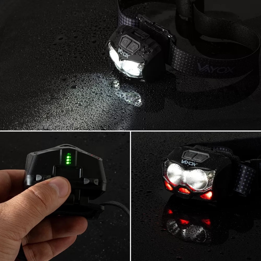 Lanterna de cabeça LED com regulação, sensor e luz vermelha  2xLED/5W/5V/3xAAA IP65 500 brilhante 1200 mAh