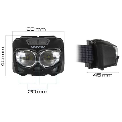 Lanterna de cabeça LED com regulação, sensor e luz vermelha  2xLED/5W/5V/3xAAA IP65 500 brilhante 1200 mAh