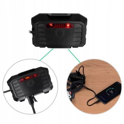 Lanterna de cabeça LED com regulação, sensor, função power bank e luz vermelha LED/10W/5V IP44 1200 brilhante 4000 mAh