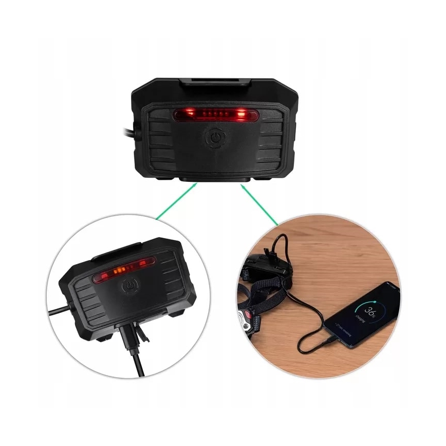 Lanterna de cabeça LED com regulação, sensor, função power bank e luz vermelha LED/10W/5V IP44 1200 brilhante 4000 mAh