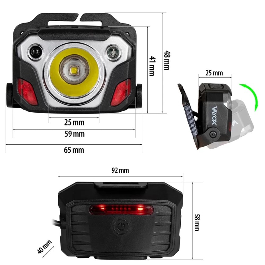 Lanterna de cabeça LED com regulação, sensor, função power bank e luz vermelha LED/10W/5V IP44 1200 brilhante 4000 mAh