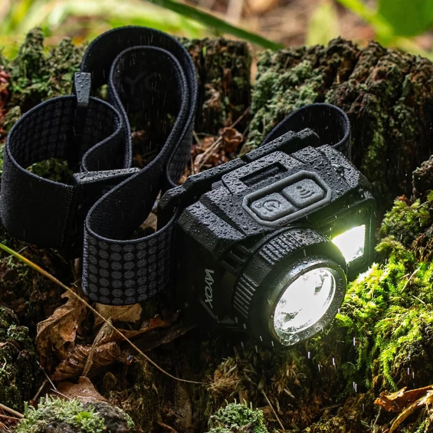 Lanterna de cabeça LED com regulação, sensor e luz vermelha  LED/6W/5V/3xAAA IP44 500 brilhante 1200 mAh