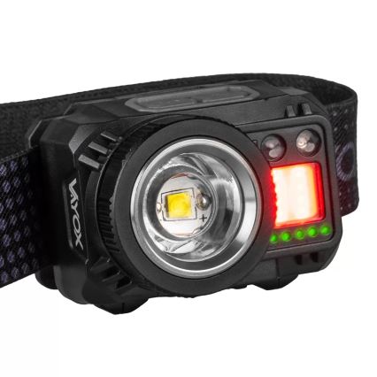 Lanterna de cabeça LED com regulação, sensor e luz vermelha  LED/6W/5V/3xAAA IP44 500 brilhante 1200 mAh