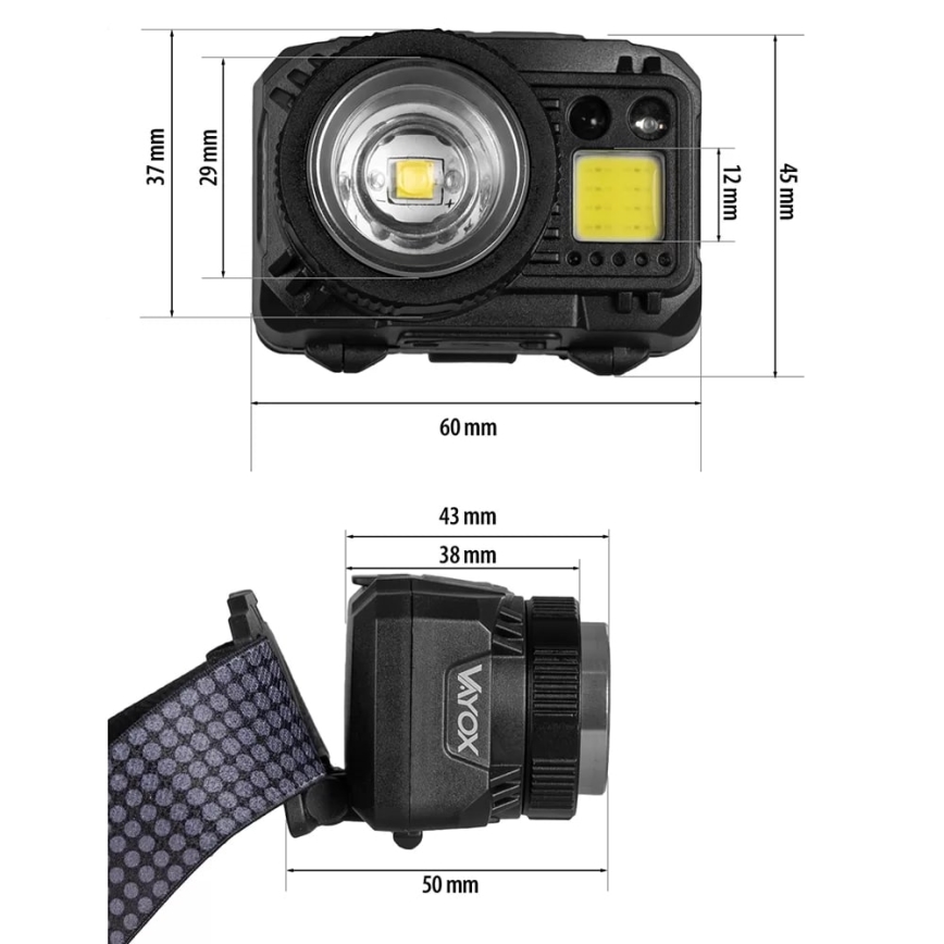 Lanterna de cabeça LED com regulação, sensor e luz vermelha  LED/6W/5V/3xAAA IP44 500 brilhante 1200 mAh