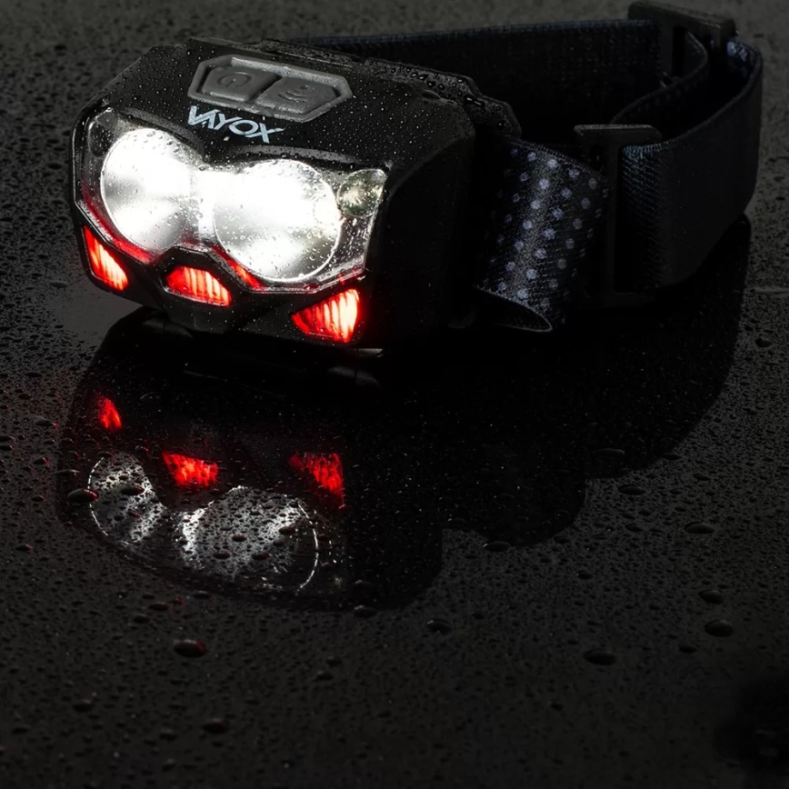 Lanterna frontal recarregável LED dimmerizável com sensor e luz vermelha 2xLED/5W/5V/3xAAA IP65 500 lm 1200 mAh