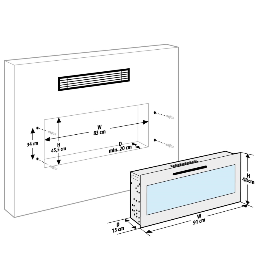 Lareira elétrica de parede LED com aquecimento LED/2000W/230V 48x91 cm + controlo remoto