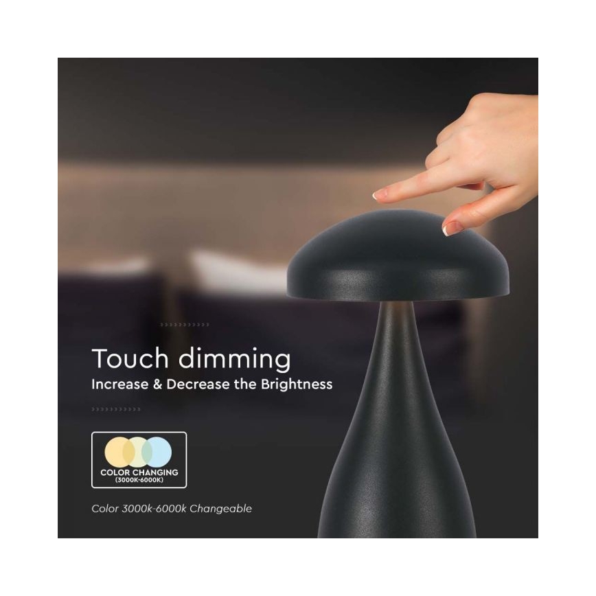 LED Candeeiro de mesa tácil recarregável com regulação LED/1W/5V 3000-6000K 1800 mAh preto