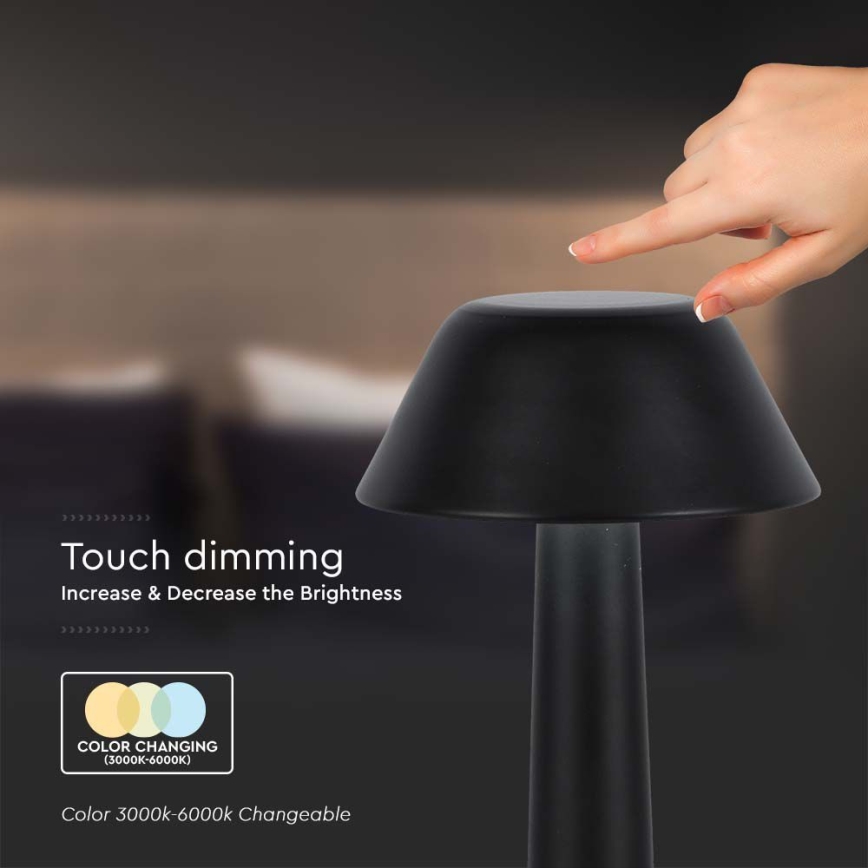 LED Candeeiro de mesa tácil recarregável com regulação LED/1W/5V 3000-6000K 1800 mAh preto