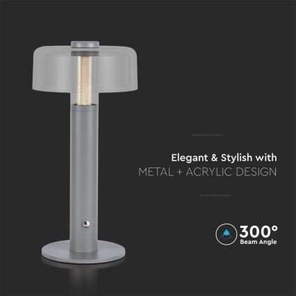 LED Candeeiro de mesa tácil recarregável com regulação LED/1W/5V 3000K 1800 mAh cinzento