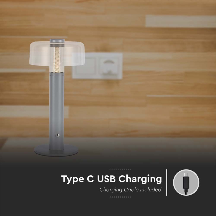 LED Candeeiro de mesa tácil recarregável com regulação LED/1W/5V 3000K 1800 mAh cinzento