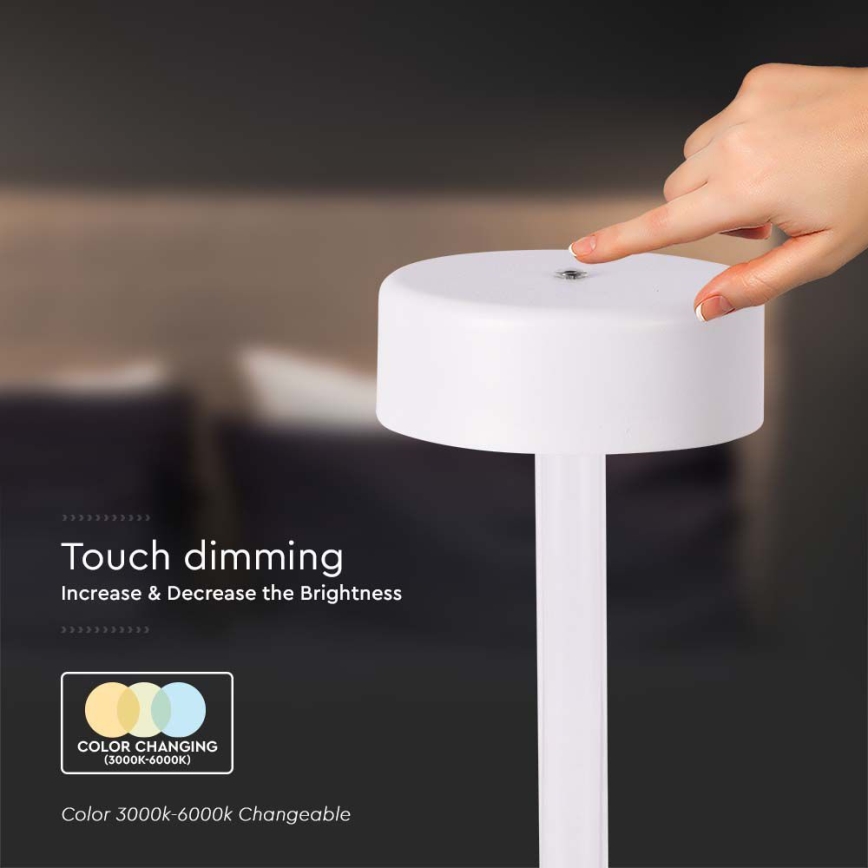 LED Candeeiro de mesa tácil recarregável com regulação LED/3W/5V 3000-6000K 2400 mAh branco