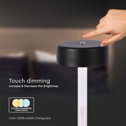 LED Candeeiro de mesa tácil recarregável com regulação LED/3W/5V 3000-6000K 2400 mAh preto