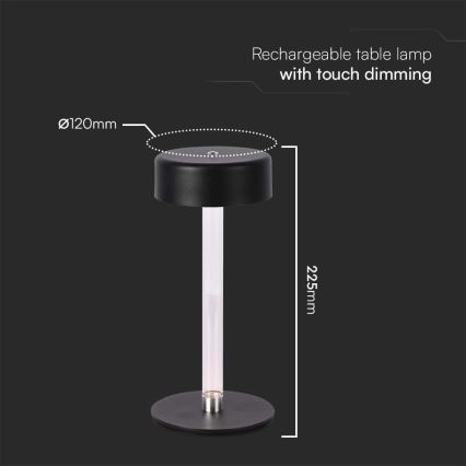 LED Candeeiro de mesa tácil recarregável com regulação LED/3W/5V 3000-6000K 2400 mAh preto