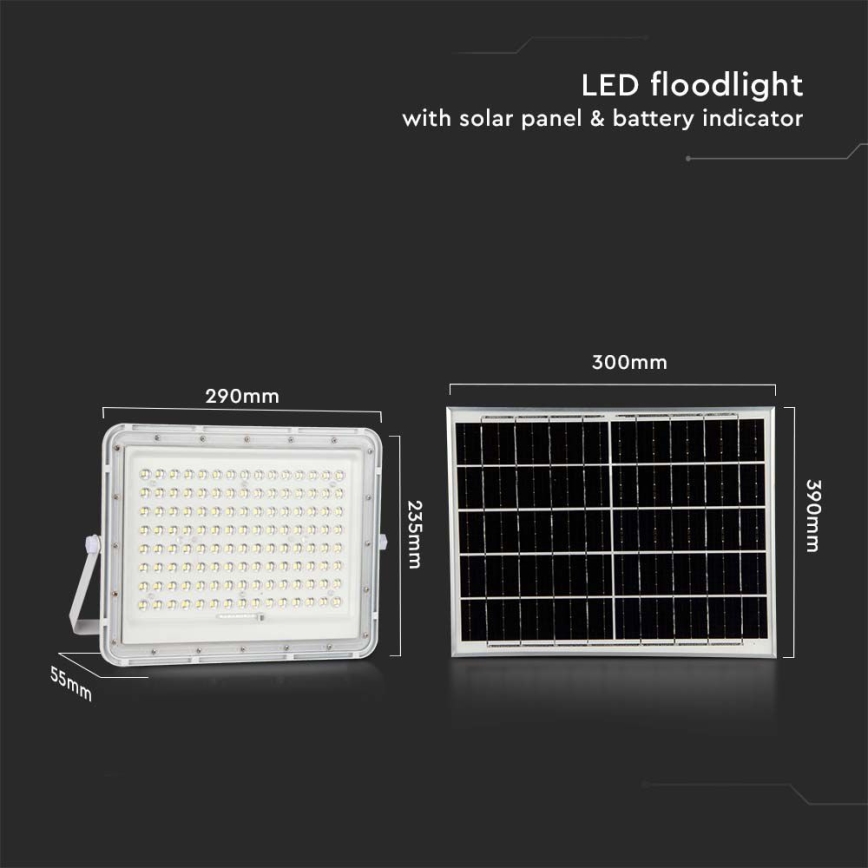 LED Holofote solar exterior LED/20W/3,2V 6400K branco IP65 + controlo remoto