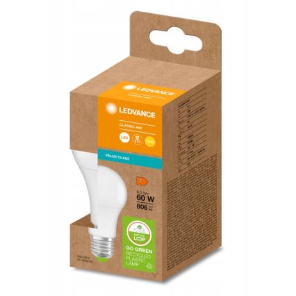 LED Lâmpada fabricada em plástico reciclado A60 E27/8,5W/230V 2700K - Ledvance