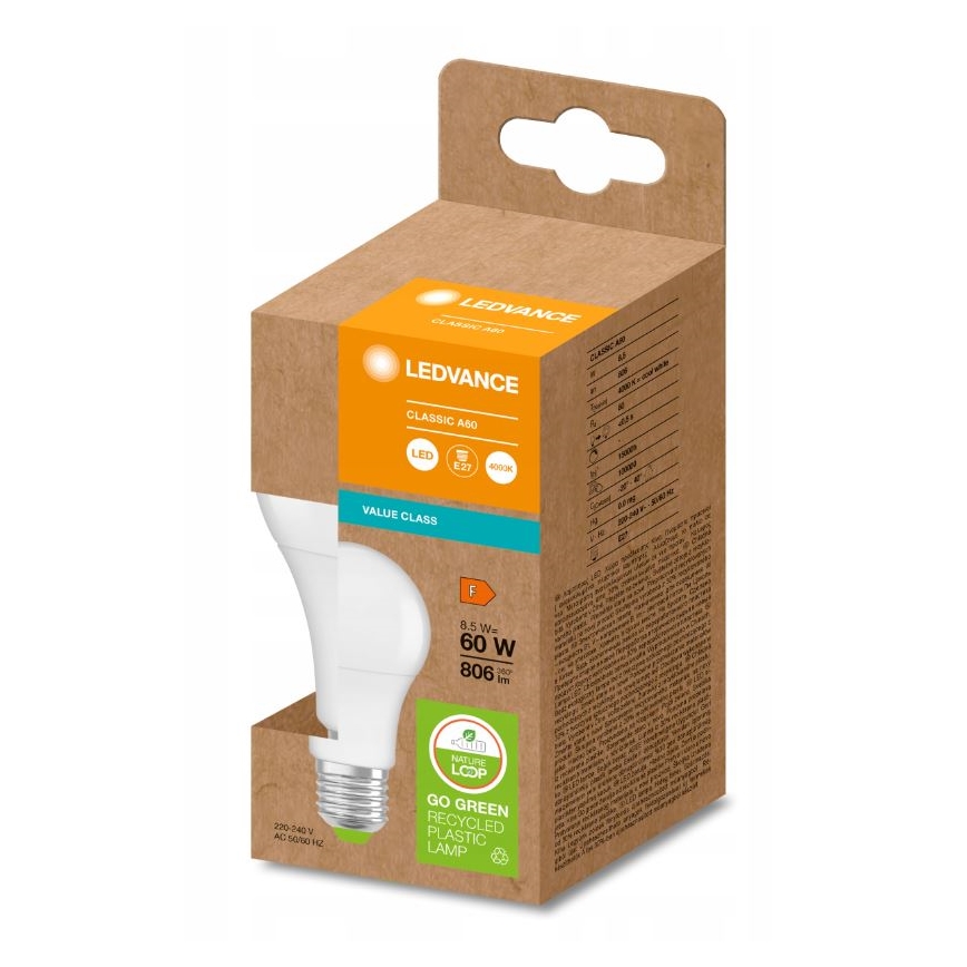 LED Lâmpada fabricada em plástico reciclado A60 E27/8,5W/230V 4000K - Ledvance
