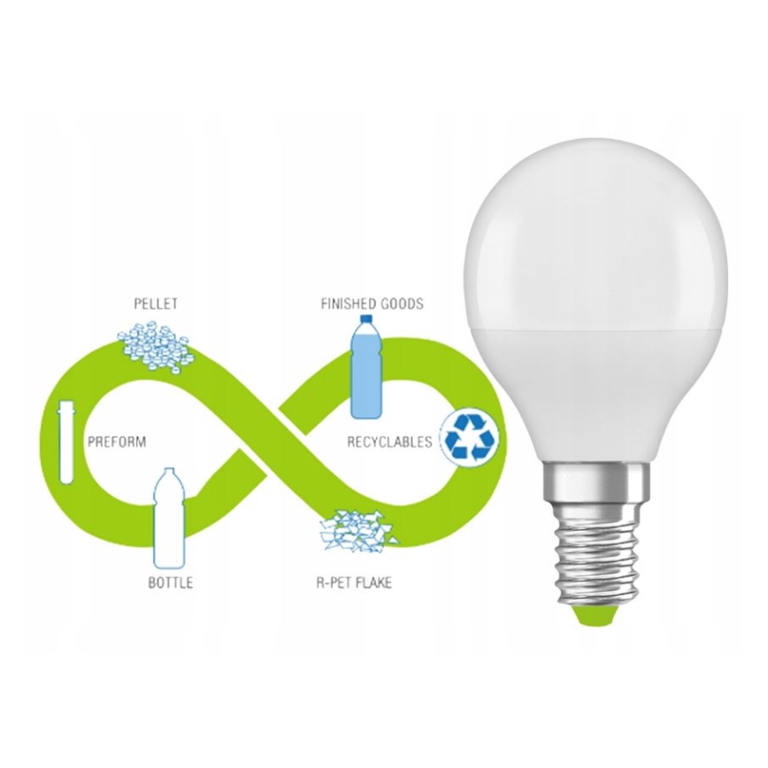 LED Lâmpada fabricada em plástico reciclado P45 E14/4,9W/230V 2700K - Ledvance