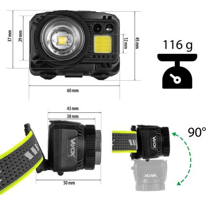 Lanterna frontal LED recarregável regulável com sensor e luz vermelha LED/6W/5V/3xAAA IP66 500 lm 1200 mAh