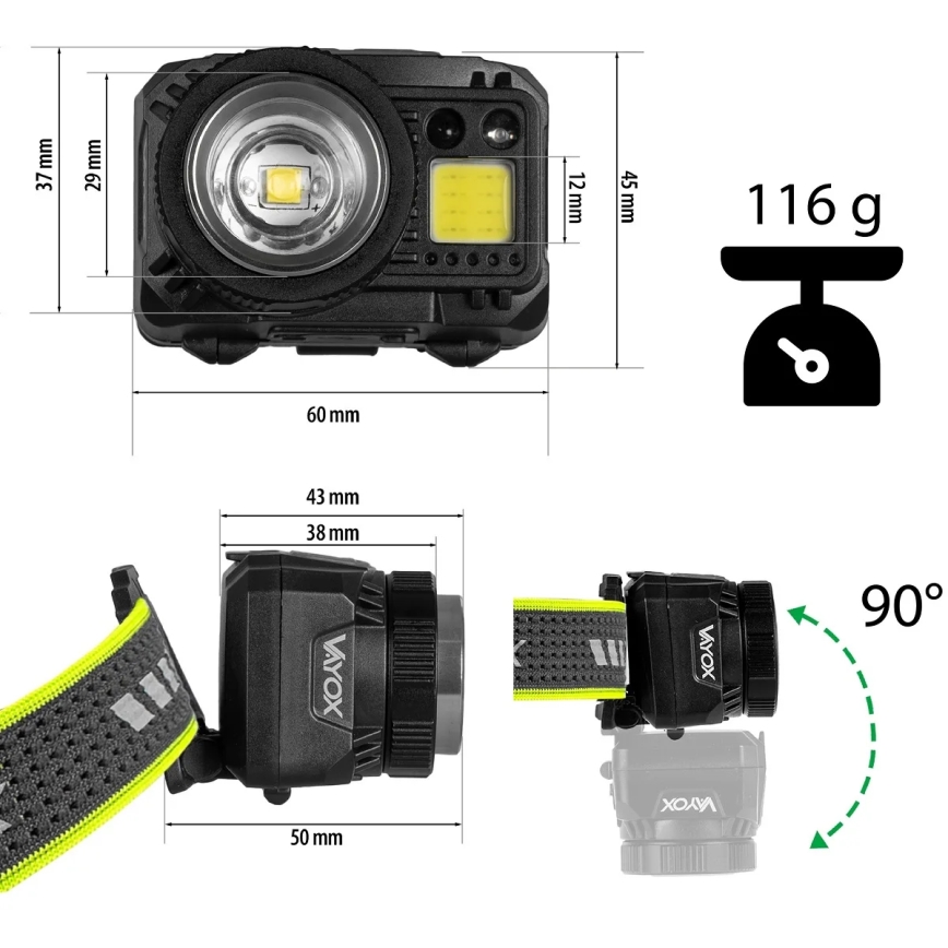 Lanterna frontal LED recarregável regulável com sensor e luz vermelha LED/6W/5V/3xAAA IP66 500 lm 1200 mAh