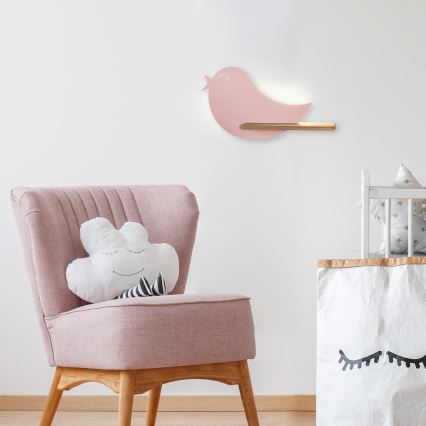 Luminária de parede infantil LED com prateleira BIRD LED/5W/230V rosa/madeira,