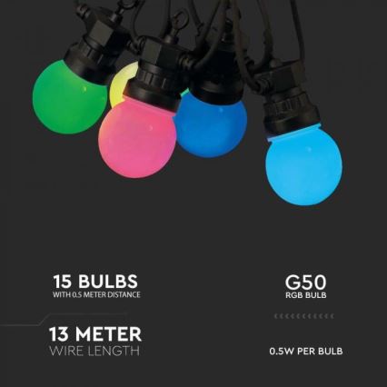 LED RGB Corrente exterior STRING 13 m 15xLED/0,5W/230V IP44 + controlo remoto